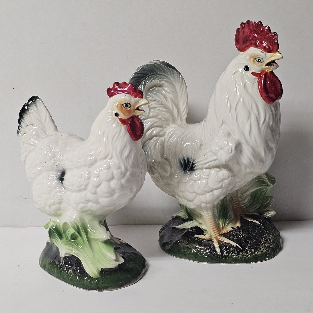 Vintage Lot of 2 Napco Ceramic Roosters 1960s 7.5" & 6" Tall Rare Color